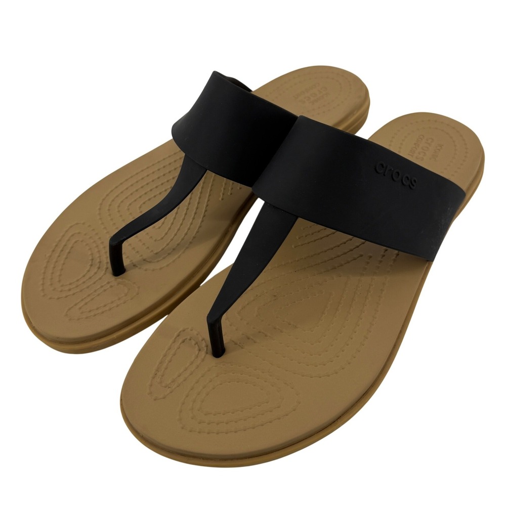 Crocs Tulum Flip Flop Sandal Tan Black Women 11 Slip On Casual Comfy Beach New